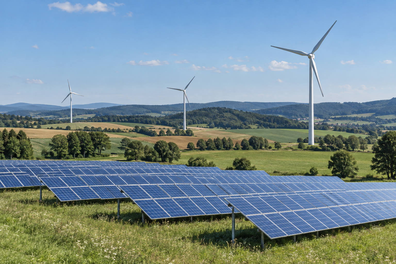 Photovoltaikanlage und Windräder in einer hügeligen Landschaft