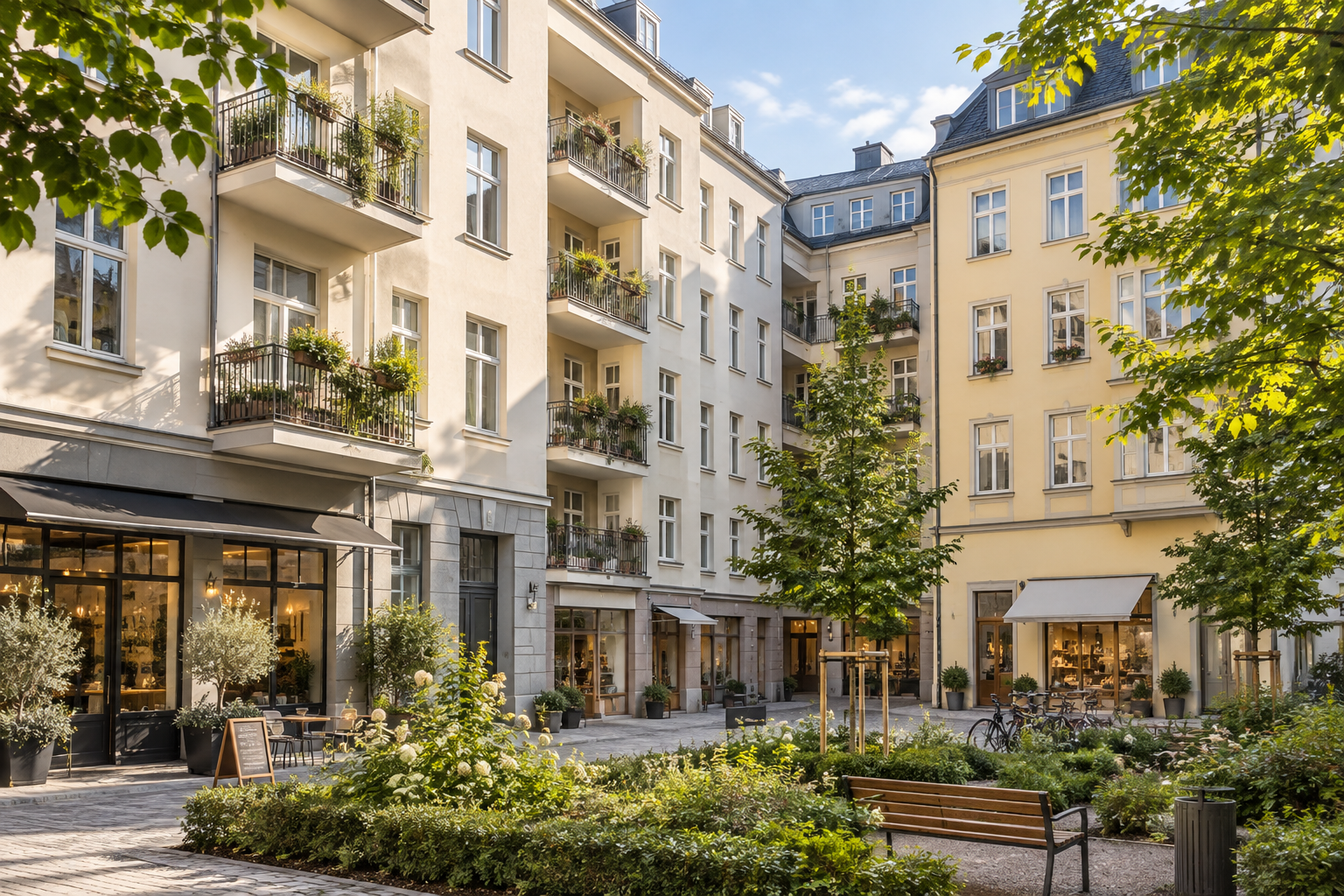 Wohn- und Geschäftsgebäude an einem begrünten Innenhof